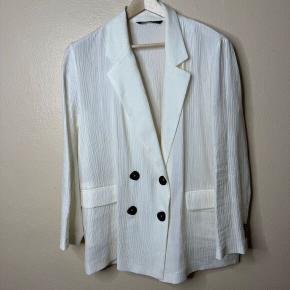 Zara Blazer Women's Large White Wrinkle Look Ecru Double Breasted Oversized - Picture 1 of 13